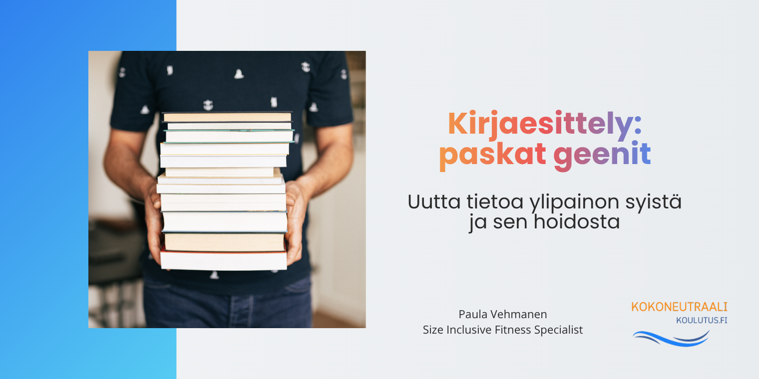 Henkilö pitelee kirjapinoa käsissään. Kuvitus kirjaesittelystä Paskat geenit, joka käsittelee ylipainon syitä ja hoitoa.
