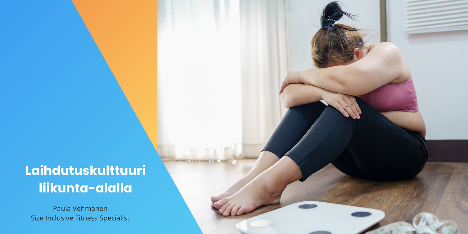 Henkilö istuu vaa’an vieressä alakuloisena. Esimerkki laihdutuskulttuurin psykologisista vaikutuksista liikunta-alalla.