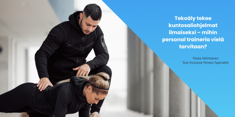 Personal trainer korjaa asiakkaan tekniikkaa harjoituksessa. Kuva havainnollistaa yksilöllisen valmennuksen merkitystä tekoälyaikana.