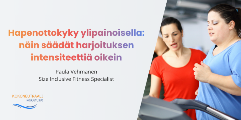 Valmentaja seuraa ylipainoisen asiakkaan harjoittelua juoksumatolla: hapenottokyvyn kehittäminen oikealla intensiteetillä.