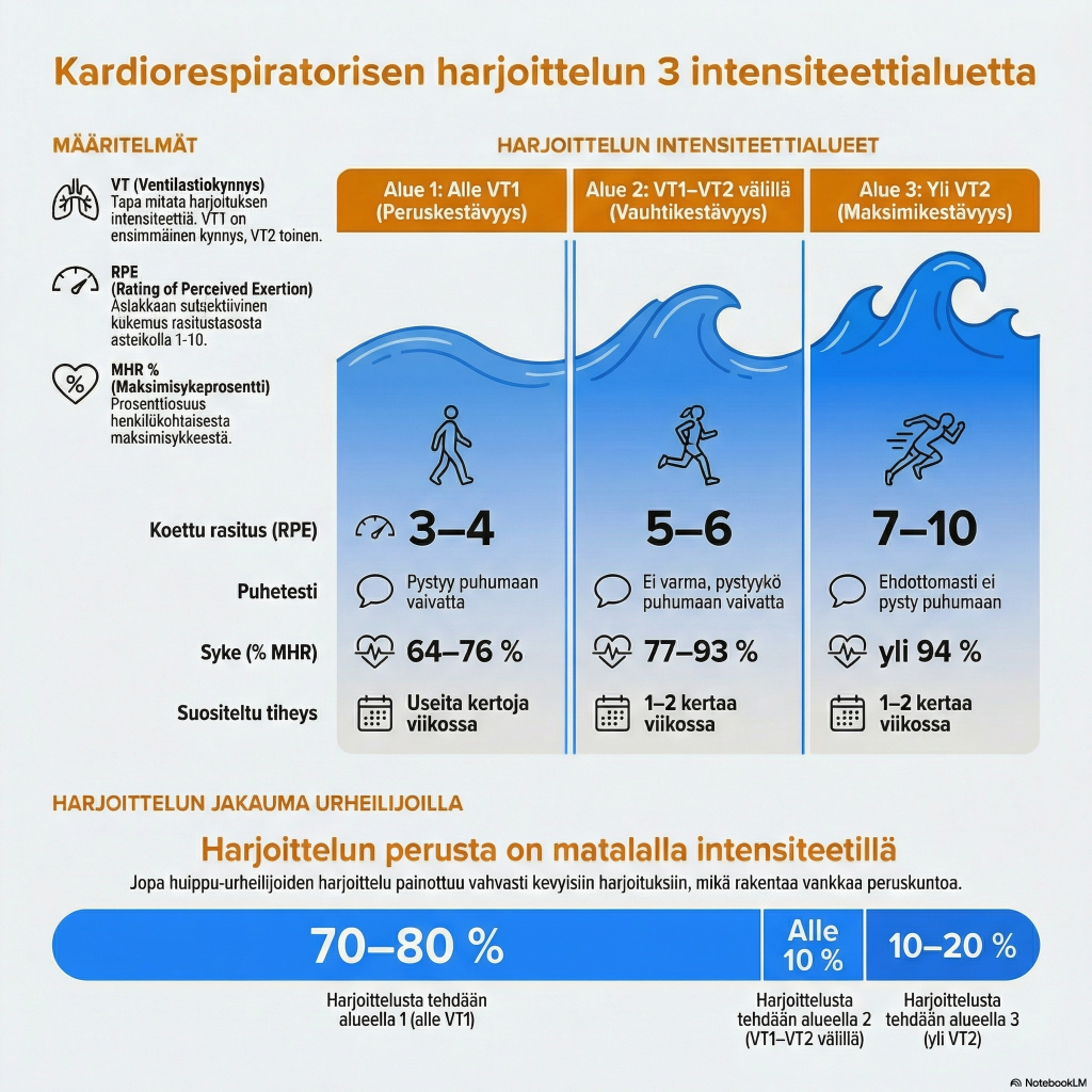 Infograafi kardiorespiratorisen harjoittelun kolmesta intensiteettialueesta.